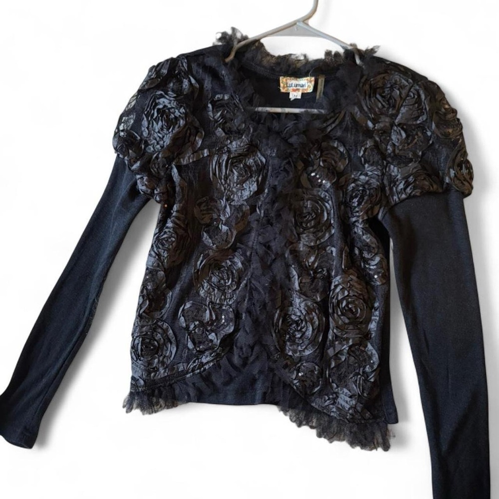 Lulumari Black Rosette Appliqué Lace Sequin Cardigan Sweater whimsigoth Size M